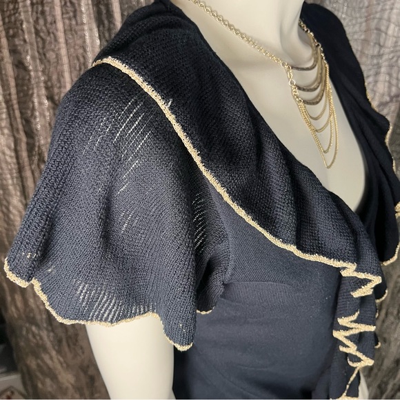 Chaps navy button up ruffle front top - Picture 3 of 8